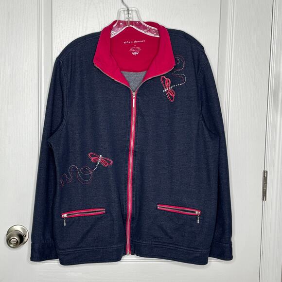 Alfred Dunner Wms 18 Blue Knit Full Zip Jacket Pink Dragonfly With Rhinestones - Picture 12 of 12